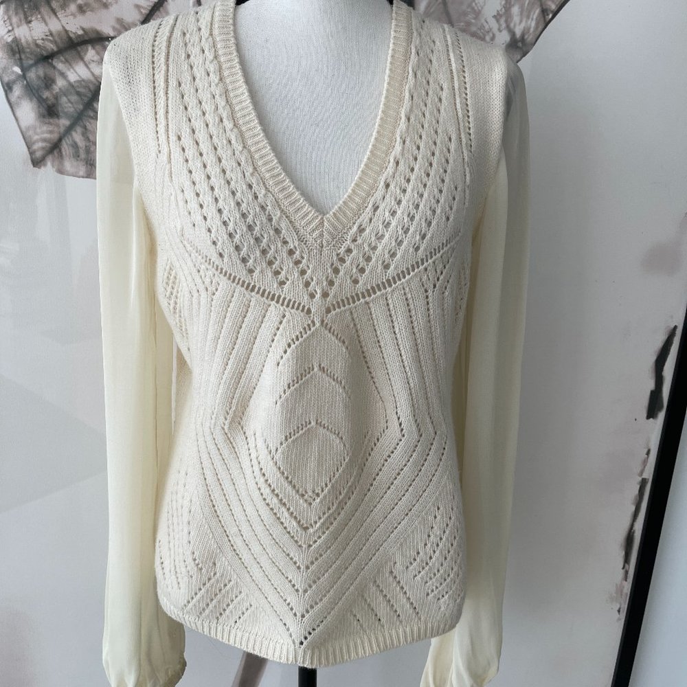 Valentino  V-Neck Cable Knit Sweater with Sheer Sleeves